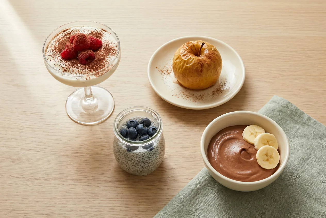 Cztery niskokaloryczne desery: krem skyr, pieczone jabłko, pudding chia i mus kakaowy