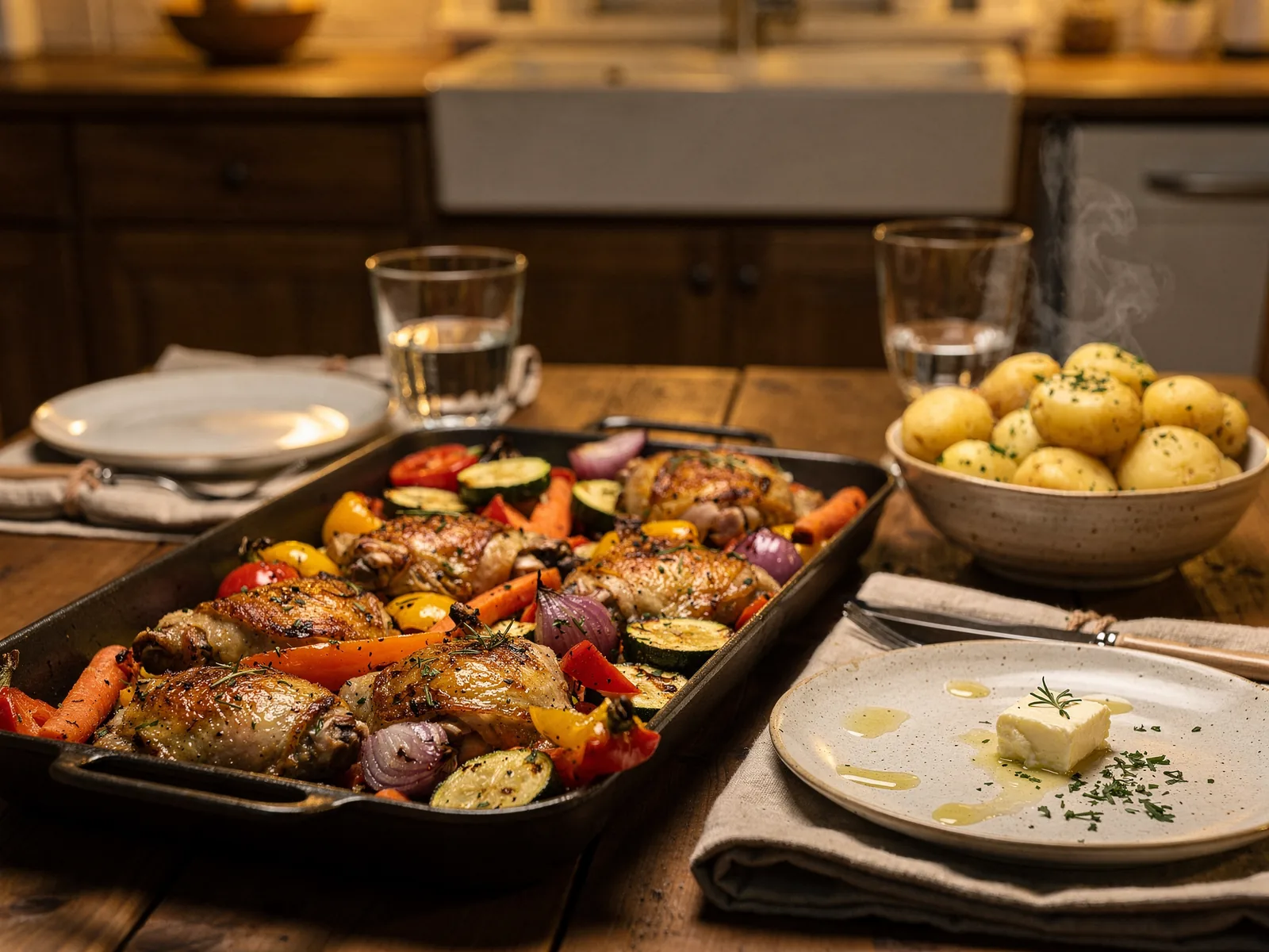 Rodzinny obiad z pieczonym kurczakiem i warzywami w wersji na dietę ketogeniczną
