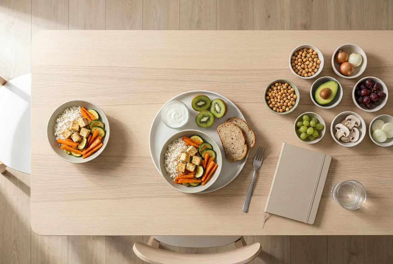Trzy etapy diety low FODMAP przedstawione jako różnorodne porcje i plan żywieniowy