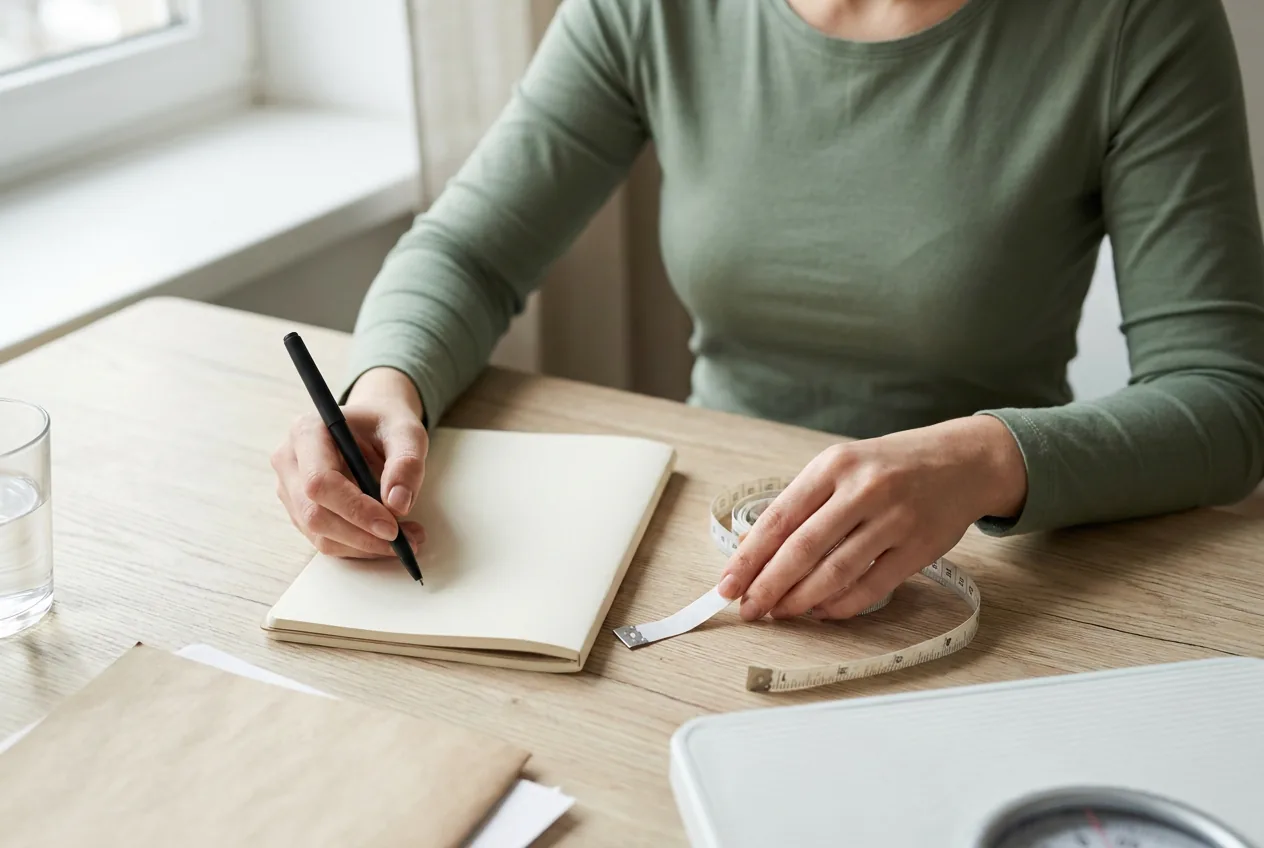 Kobieta zapisuje pomiary talii, masy ciała i objawy menopauzy w notesie