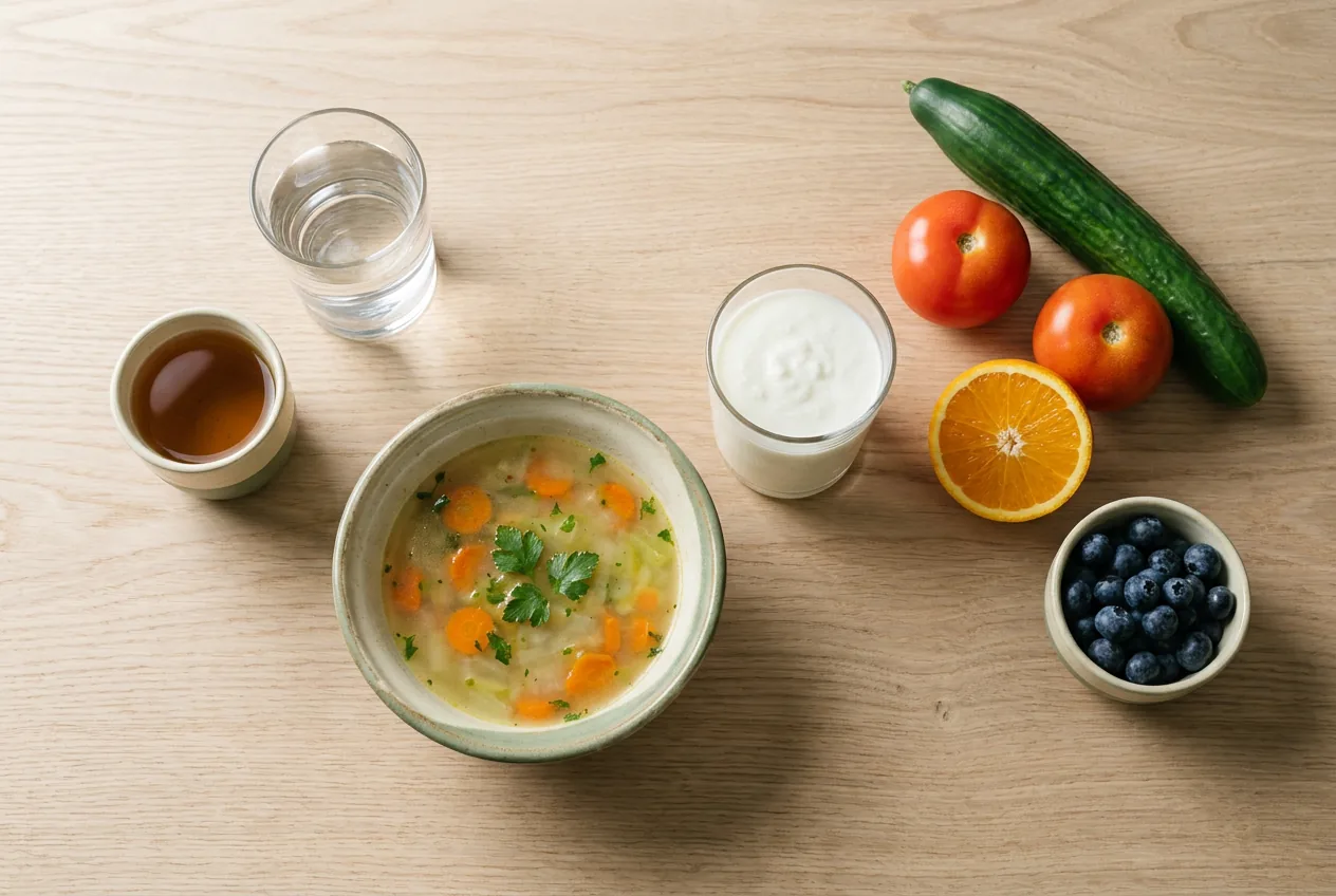 Naturalne źródła płynów: woda, herbata, zupa, kefir, warzywa i owoce