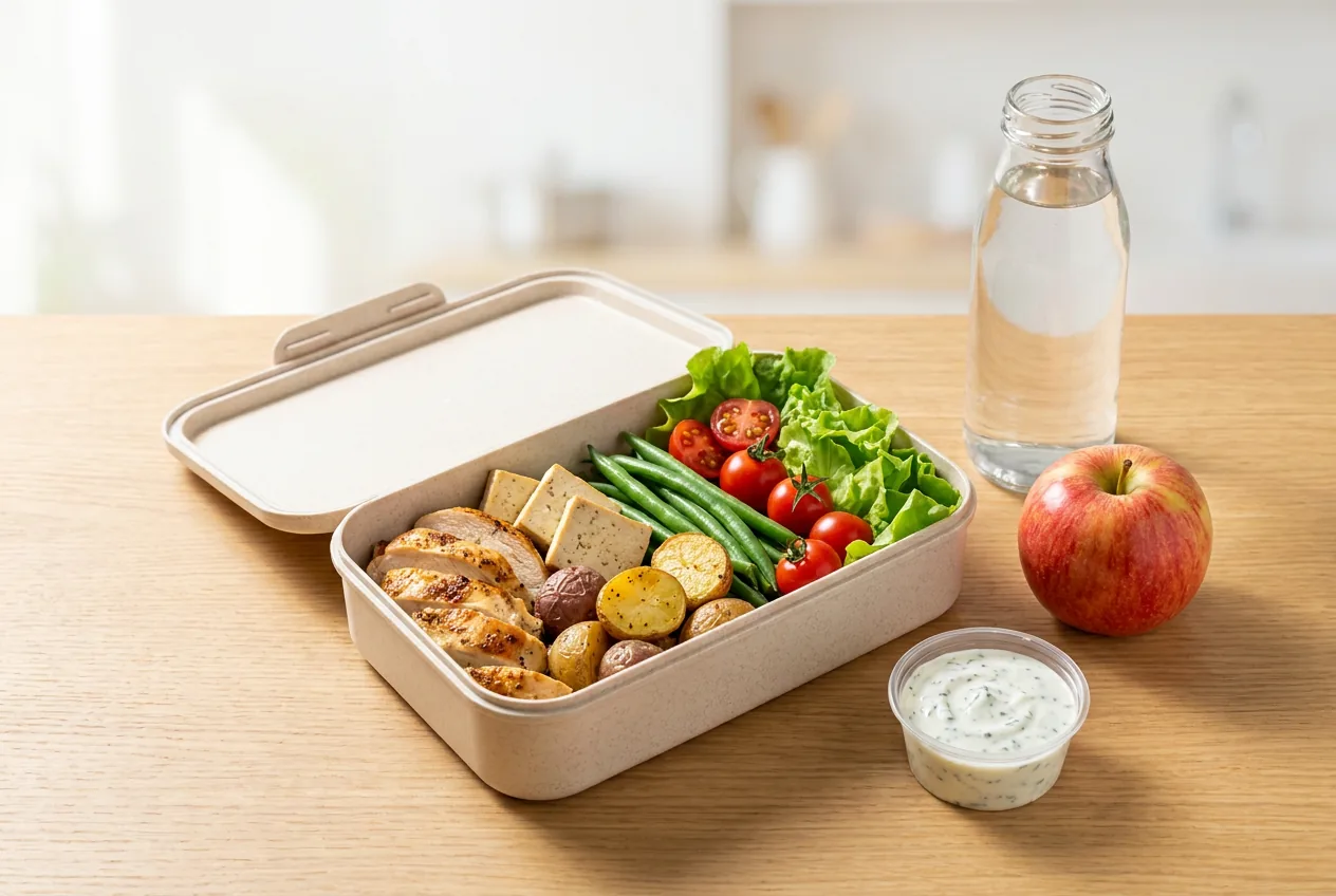 Sycący lunch z białkiem, ziemniakami i warzywami przygotowany do pracy
