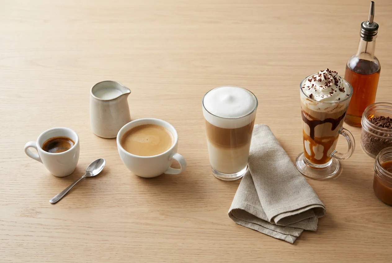 Porównanie czarnej kawy, kawy z mlekiem, latte i kawy deserowej