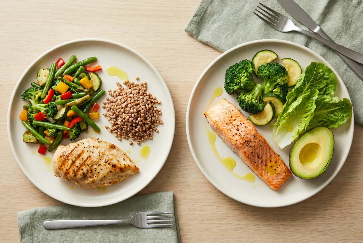 Porównanie talerza low carb z małą porcją kaszy i talerza keto bez produktów skrobiowych