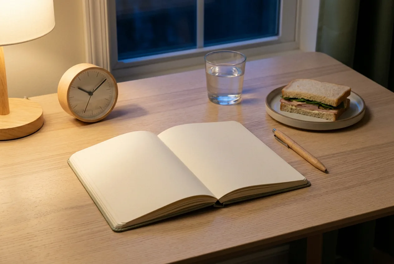 Notes obserwacji nocnego jedzenia z zegarem, wodą i zaplanowaną przekąską